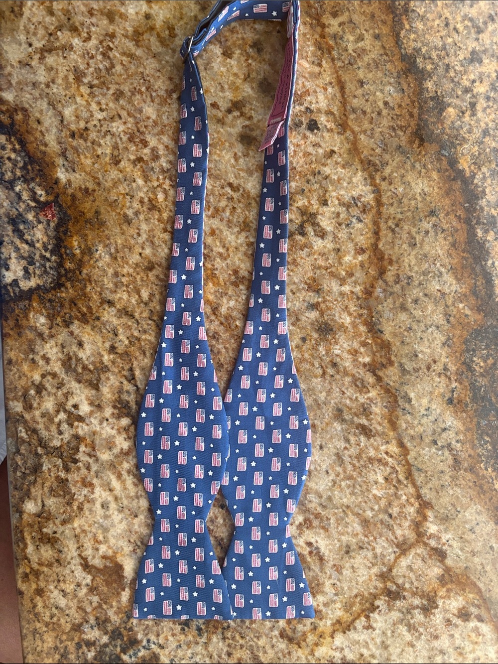 Vineyard Vines Blue Self-Tie Bow Tie with Pink and White Flag Pattern